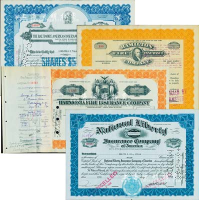 外商保險公司老股票4種，詳分：1929年美國巴爾的摩保險公司3股計15美元；1927年漢密爾頓火災保險公司20股計1000美元；1930年漢莫尼雅火災保險公司20股計200美元；1938年美國國民自由保險公司10股計20美元；此4家保險公司均在香港和大陸設有分支機構或代理處，美國藏家出品，八成新