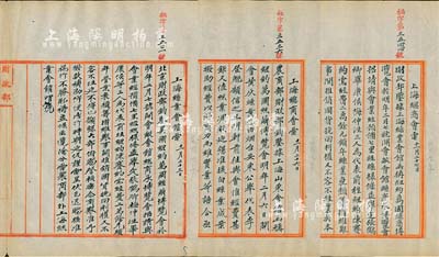 民國九年（1920年）北洋政府財政部留檔之電報稿共3件，其中1件為“上海絲業會館電”、2件為“上海總商會電”，其上內容均為我國商人組團參加“美國紐約萬國絲繭博覽會”等情事，及電呈“財政部、農商部、稅務處懇準撥款補助、免完出口稅放行”等；此稿乃我國參加世博會之早期珍貴史料，歷史意義最大，值得珍視和推介；保存甚佳，敬請預覽