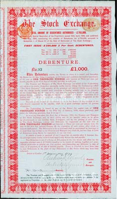 1899年（英國(guó)）倫敦證券交易所債券1000英鎊，內(nèi)有水印，罕見，八五成新