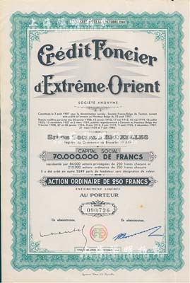 1944年義品放款銀行股票，綠色普通股250法郎，票上有天津英文地名，法國藏家出品，八五成新