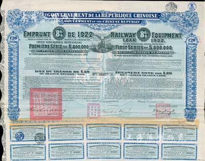 1922年中華民國政府對外發行購買（包寧）鐵路設備債券20鎊=1200比利時法郎，附帶有息票，八成新