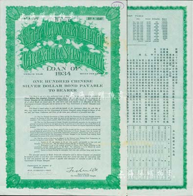 民國二十三年（1934年）上海市市政公債壹百元，正面英文，背面有中文，由上海市市長吳鐵城、新豐洋行葛勃生簽名，附帶有息票；少見，八五成新