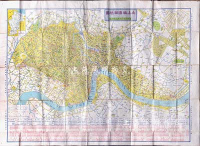 民國三十八年（1949年）葛石卿著《大上海里衖新地圖》2開彩色地圖1張，由上海國光輿地社發行，此圖對舊時上海街道、里弄之繪制極為詳盡，且附黃浦區今昔路名對照表及各區區公所、警察局地理位置表；附帶有封套，保存尚佳，背面已裱，敬請預覽