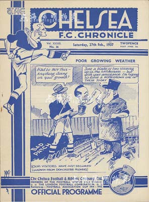 1937年世界著名足球俱樂(lè)部切爾西（車(chē)路士）對(duì)曼聯(lián)之球賽官方場(chǎng)刊1份，內(nèi)中詳列1937/1938年球季的聯(lián)賽成績(jī)、球會(huì)近況、轉(zhuǎn)會(huì)消息，以及1937年2月27日切爾西（車(chē)路士）對(duì)曼聯(lián)聯(lián)賽的出場(chǎng)陣容等，內(nèi)容豐富，尤其對(duì)球迷而言，更屬不容錯(cuò)過(guò)之珍貴史料；源于海外藏家出品，保存極佳，敬請(qǐng)預(yù)覽