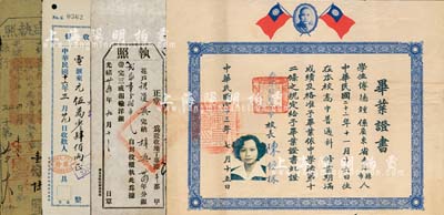1954年香港仿林中學(xué)畢業(yè)證書(shū)1張，頒給廣東省南海籍學(xué)生傅德鐘氏，由校長(zhǎng)陳仿林簽署，上印孫中山和雙旗；八成新（另附光緒24年屏南縣正堂版串執(zhí)照、光緒34年廣東征收地丁執(zhí)照、1927年上海和豐銀行正收條各1張）