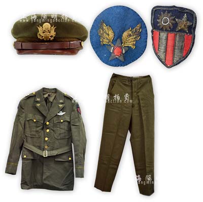 抗戰時期“飛虎隊”中尉軍服1套（上衣+褲子+大檐帽），墨綠色，上衣佩戴有飛行胸章、雙臂有美國與當時國民政府共頒的袖標及美國空軍標志（均為金屬絲刺繡），紐扣上均為美國國徽，帽上佩有飛虎隊標志；十分精致；源于美國回流，保存尚佳，敬請預覽