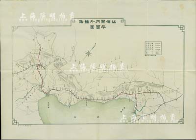 清代“山海關內外鐵路平面圖”1張，由大清通運公司制作，其上對山海關內外鐵路沿線各站點均有詳盡之記錄，且涉及開平礦務局（運煤線路），故亦適用于“開平礦務局老股票”之實物輔助展覽，附帶有封套，保存甚佳，敬請預覽
