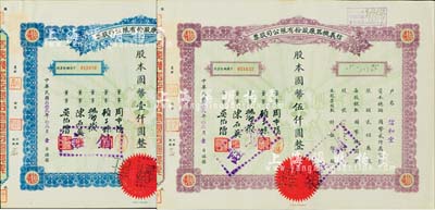 民國(guó)叁拾貳年（1943年）信義機(jī)器廠股份有限公司股票共2種不同，分別為藍(lán)色壹佰股計(jì)國(guó)幣壹仟圓、紫色伍佰股計(jì)國(guó)幣伍仟圓，九成新