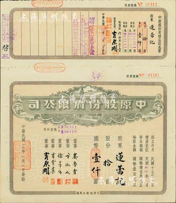 民國卅四年（1945年）中原股份有限公司股票，拾股計國幣壹仟圓，上印天津旭街大馬路地名，該公司為華北地區最大的百貨公司；少見，八五成新