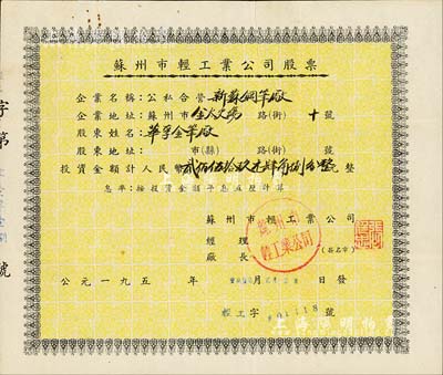 1957年蘇州市輕工業(yè)公司股票（公私合營新蘇鋼筆廠），投資金額人民幣貳佰伍拾玖元肆角捌分，票上股東為華孚金筆廠；源于著名民族工商業(yè)者周井亭氏之遺存，八成新