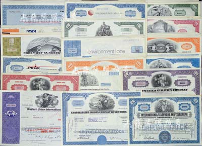 1947至1992年美國老股票共100種不同，內(nèi)中涉及諸多不同行業(yè)，包含西聯(lián)國際、國際電話、愛迪生公司等世界著名企業(yè)，均雕刻版印刷，圖案精美；源于美國回流，整體約八成新，敬請預(yù)覽