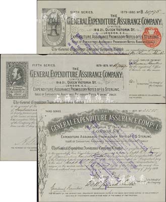 清代時期英國倫敦General Expenditure Assurance Co.（通用保險公司）股票3種，詳分：1876年第三版股票1股計5鎊、1878年第五版股票1股計5鎊、1879年第六版股票1股計5鎊，圖案各不相同；此為英國早期著名之保險公司，在香港和中國等地設有分支機構或代理處，英國藏家出品，少見，八五成新