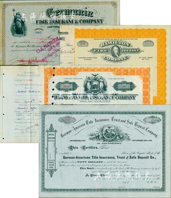 外商保險公司老股票4種，詳分：1882年德國火災保險公司股票，30股計1500美元；18xx年德美產權保險及信托公司股票，未填用；1927年漢密爾頓火災保險公司15股計750美元；1930年漢莫尼雅火災保險公司50股計500美元；此4家保險公司均在香港和大陸設有分支機構或代理處，美國藏家出品，八成新