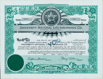 1960年（美國）大學國民人壽保險公司股票，面額187股（每股20美分），該公司成立于1907年，九成新