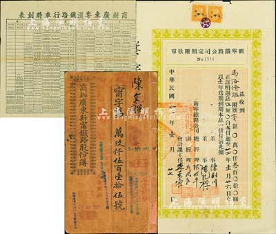 清代至民國時期廣東鐵路股份史料共3件，詳分：1909年《商辦廣東新寧鐵路股份簿》1冊，面額壹拾股計銀伍拾大圓；1934年廣東新甯鐵路公司定期附款單，面額毫銀叁百圓，附帶原封套；1920年商辦廣東粵漢鐵路行車時刻表1份；七至八成新