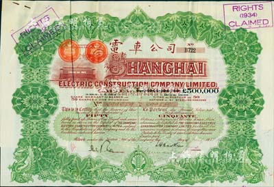 1925年英商上海電車公司股票，綠色50股計50鎊，附帶有息票，少見，八成新
