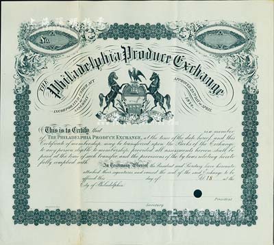1874年（美國）費城土產交易所股票，未填用，內有水印；該交易所后被并入費城證券交易所，美國著名藏家出品，少見，八五成新