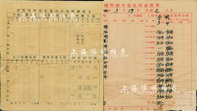 民國交易所實物2件，詳分：辛酉（1921年）上海雜糧油豆餅業交易所行情單1張；民國廿四年（1935年）四明證券交易所市價單1張，上列各種公債之行情；此種早期的交易所行情單存世極為罕見，值得研究和珍視，六至七成新