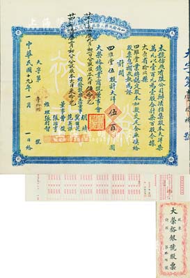 民國十九年（1930年）山西榆次縣大榮裕錢業(yè)商號股票（即大榮裕銀號），伍股計(jì)大洋伍百圓，背印章程摘要，附帶息摺及原封套；山西銀號業(yè)老股票之罕見品，亦首度公諸于陽明拍賣，八五成新