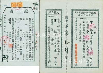 北京自來水股份有限公司股份實物2件，詳分：1943年股票過戶收據，壹百股計國幣壹仟元；1944年轉讓“證書”，上蓋“天津裕津銀行總行證券部”戳記；八五成新