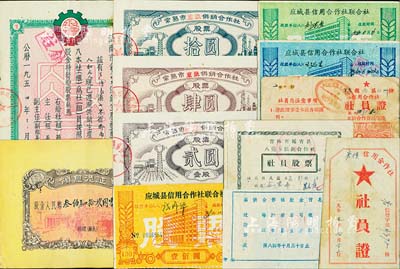 新中國股票共12枚，詳分：1954年濟南市人和莊紅爐供銷生產社（組）股票，壹股計股金壹拾伍萬元；1954年平果縣九區江洲鄉信用合作社社員證股票，面額2萬元；1955年冕寧縣宏模信用合作社社員證股票，面額貳元；1956年湖北省武漢市公私合營信記旅社私股領息憑證，股金人民幣叁伯肆拾玖園零陸分；1958年吉林省延吉縣八道鄉供銷合作社社員股票，內印朝鮮文；1983年常熟市供銷合作社股票