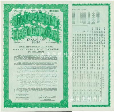 民國二十三年（1934年）上海市市政公債壹百元，正面英文，背面有中文，由上海市市長吳鐵城、新豐洋行葛勃生簽名，附帶有息票；少見，八五成新