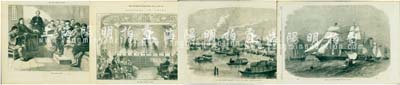早期英國銅版畫3張，其上圖案均為中國題材，詳分：1858年廣東碼頭景象、1863年中國帆船圖、1873年漢口劇院和北京女學塾，背印英文；源于海外藏家出品，保存甚佳，敬請預覽