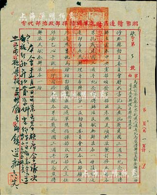 民國二十九年（1940年）湘鄂贛邊區挺進軍總指揮部政治部代電文1份，事由“為制訂修水縣各界抗戰建國三週年紀念宣傳辦法及獻金辦法各一份”，此乃國民抗戰之歷史實證，值得珍視和推重，保存甚佳，敬請預覽