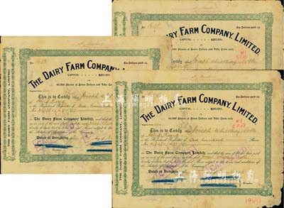 1916年香港牛奶公司股票共3枚，面額均為100股（每股港幣7.50元），綠色花紋版；香港集趣堂藏品，少見，六成新