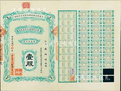 民國丁卯年（1927年）三星發記面粉股份有限公司股票，壹股計大銀元壹仟圓，附帶有息票；天津老股票，少見，八五成新