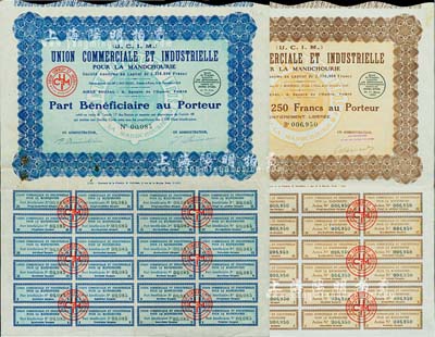 1928年（法商）滿洲工商業聯合公司股票共2種，詳分：棕色普通股250法郎、藍色優先股250法郎，東北外商企業老股票；其中藍色優先股存世罕見，七五至八成新