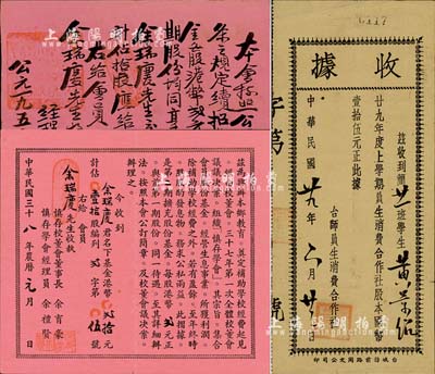 廣東教育業老股票3種，詳分：1940年（臺山）臺師員生消費合作社收據，股本國幣壹拾伍元；慎存學會股摺(1949年第貳期)、（1950年第三期）各1枚，面額均為港幣貳拾元占拾股，由同一股東承購；八成新