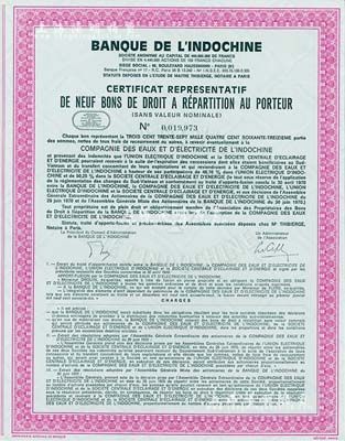 1970年東方匯理銀行（法屬印度支那銀行）股權證書，滿版水印；海外藏家出品，少見，九五成新