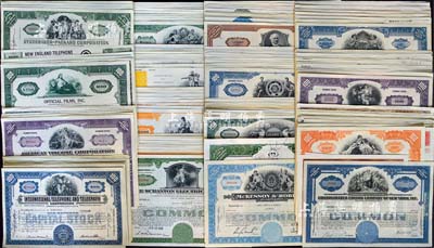 1926至1996年美國老股票共160種不同，內(nèi)中涉及銀行、航空、鐵路、電信、制造、食品等諸多不同行業(yè)，包含微軟公司、通用汽車、美國航空、西聯(lián)國際、國際電話、愛迪生公司等世界著名企業(yè)，均雕刻版印刷，圖案精美；源于美國藏家出品，整體約八成新，敬請預(yù)覽