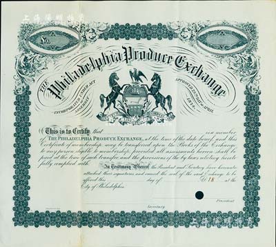1874年（美國）費城土產交易所股票，未填用，內有水印；該交易所后被并入費城證券交易所，美國著名藏家出品，少見，八五成新
