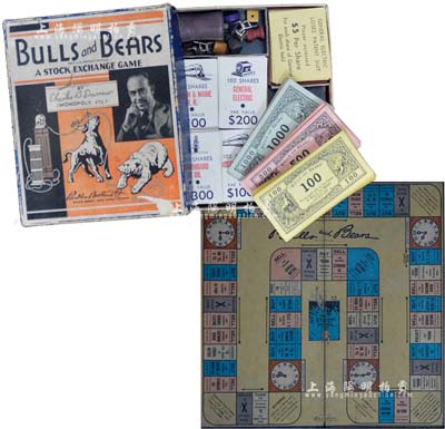 1930年代美國證券交易所玩具一盒，由美國Parker Brothers公司制作，類似于“大富翁”游戲，附帶有游戲板，適合于館藏和展覽，保存完整，品相尚佳，敬請預覽