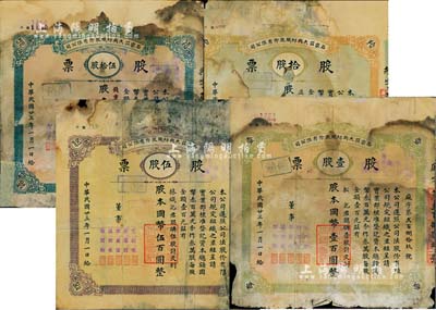 民國廿三年（1934年）石家莊大興紡織股份有限公司股票共4種不同，詳分：壹股計國幣壹百圓、伍股計國幣伍百圓、拾股計國幣壹千圓、伍拾股計國幣伍仟圓；該廠始建于1921年，是石家莊第一家大型紡織工業，歷史底蘊厚重；少見品，唯惜有破損及貼補，五成新