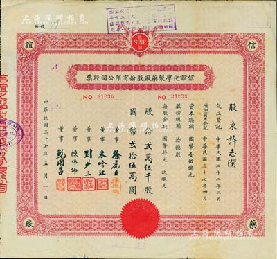 民國三十七年（1948年）信誼化學制藥廠股份有限公司股票，貳萬伍千股計國幣貳拾伍萬圓，票上蓋有解放后資本調整之戳記，七五成新