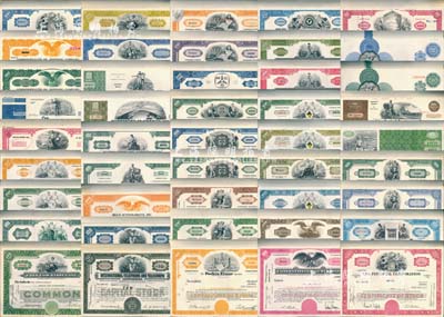 1948至1980年美國老股票一大批（兩大箱）共計4500張，數量龐大，內含45種不同，每種各100枚，其題材涉及金融、石油、食品、制造等諸多不同行業，包含國際電話、愛迪生公司、CAN金融等世界著名企業，全部雕刻版印刷，圖案精美；源于美國藏家出品，八至九成新，敬請預覽