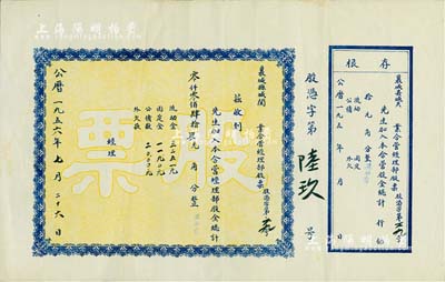 1956年（河南）襄城縣城關xx業合營經理部股票，股金肆拾肆元，附帶有存根，八五成新
