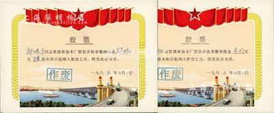 1965年上?？h大華電器廠股票共2枚，面額分別為叁股計叁拾元、肆股計肆拾元，圖案美觀，極富特色；該廠于1959年研制出了國內第一臺吸塵器、1962年又成功研制出了國內第一臺窗式空調器；少見，九五成新