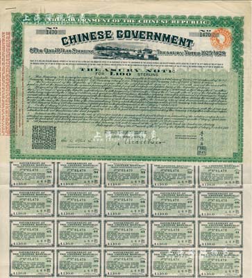 1919年中華民國政府對外發行“中國政府八厘十年期金庫券”（即費克斯借款之軍火公債）100鎊，由北洋政府財政總長李思浩簽署，背面印有中文；此債券及債務，后由南京國民政府所繼承，故補印之息票均由財政部長孔祥熙簽署；海外藏家出品，八成新