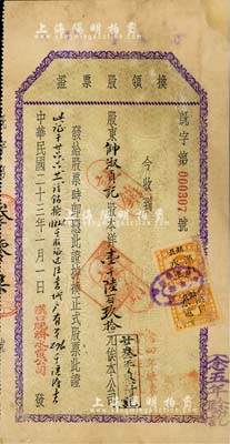 民國二十三年（1934年）漢口既濟水電公司“換領股票證”，面額股本洋壹千陸百玖拾元，該公司為中國近代著名之民族企業，八成新
