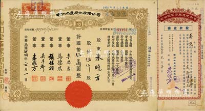 民國卅四年（1945年）中和地產股份有限公司股票，伍仟股計國幣伍萬圓，承購股東即為公司董事總經理朱曉方氏（上海地產業大亨），而票上董事李思浩（浙江慈溪人）曾任北洋政府財政總長，八五成新（另附：該公司1943年股款收據25000股1枚）