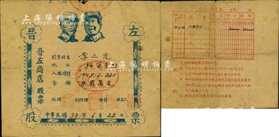 民國37年（1948年）晉左商店股票，面額貳萬元，上印毛澤東和朱德雙頭像，山西解放區老股票，晉左即為山西省左權縣；這種印有“毛澤東和朱德雙頭像”的解放區老股票，存世鳳毛麟角，堪稱中國老股票之一大珍品；此拍品征集自革命老區，目前為之僅見，或屬海內孤品，八成新，敬請珍視