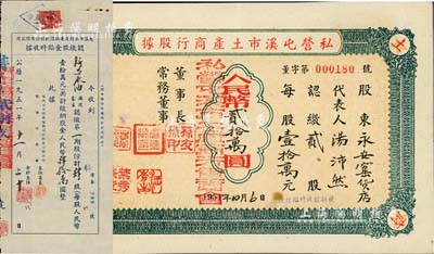 安徽老股票2種，詳分：1951年屯溪市土特產運銷信托股份有限公司認繳股金臨時收據，肆股計人民幣肆拾萬圓；1954年私營屯溪市土產商行股據，貳股計人民幣貳拾萬圓；此二種實為同一家公司，八成新