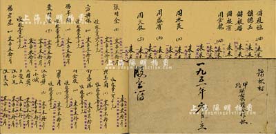 1951年（錦林村甲路聯村供銷合作社）《股金簿》1冊，厚達數十頁，內中密密麻麻記錄1950年至1951年間所有社員之入股狀況，且其上股份均以實物大米計值，乃屬解放初期股份制度之歷史實證；此錦林村甲路聯村，乃屬安徽寧國縣；保存甚佳，敬請預覽