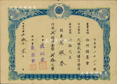 1961年（臺灣臺南縣）白河鎮農會股票，貳股計新臺幣貳拾元，該農會成立于1913年，歷史頗為悠久，八成新