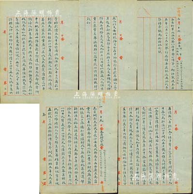 民國四年（1915年）北洋政府財政部公債司留檔之“發各省財政分廳電”、“各省將軍巡按使”電報稿二則，事為“現擬再發行民國四年內國公債，務望體察情形通籌核計剋期電部以便支配”及“八厘公債二月二十日在京抽簽還本，屆時請派代表蒞場參觀”等情；此種民國債券之檔案實物，極具史料研究價值，值得珍視和推重，保存甚佳，敬請預覽