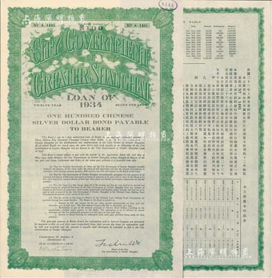 民國二十三年（1934年）上海市市政公債壹百元，正面英文，背面有中文，由上海市市長吳鐵城、新豐洋行葛勃生簽名，附帶有息票；少見，九成新